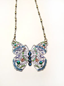Silver Filigree Butterfly Open Work Necklace - Multi Colored Swarovski Crystal Stones
