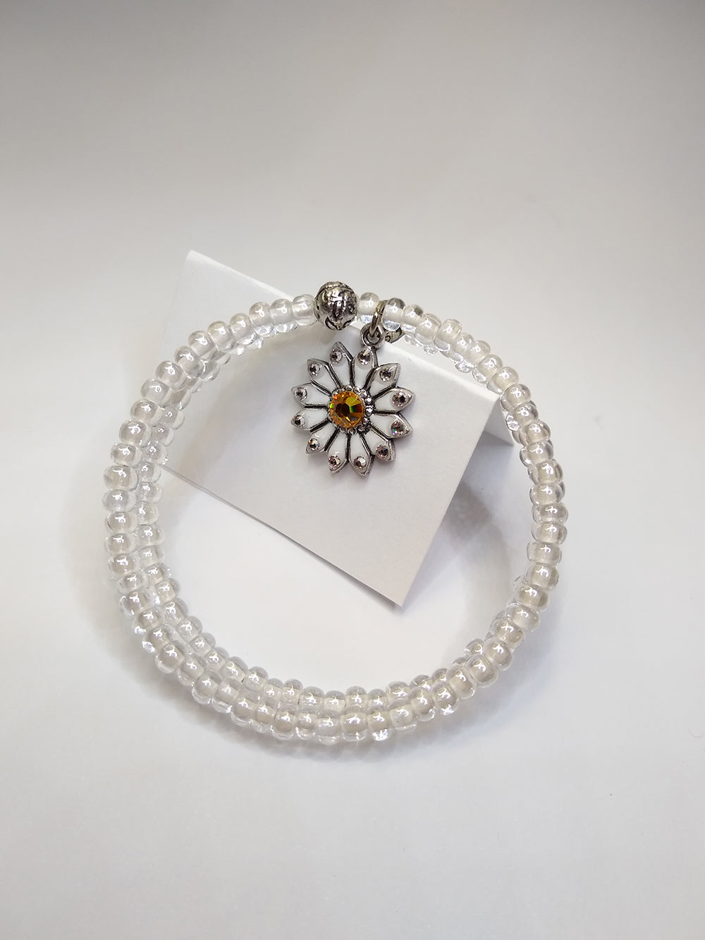 Silver and White Enamel Daisy Yellow Crystal Bracelet