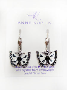 Black and White Enameled Butterfly Earrings Silver Leverback