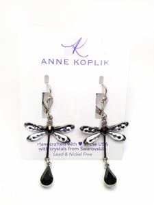Black and White Enameled Dragonfly Earrings Silver Leverback