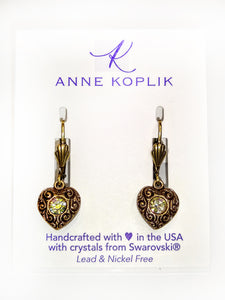 Brass Leverback Filigree and Crystal Heart Earrings