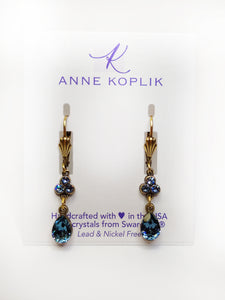 Brass and Blue Crystal Drop Leverback Earrings