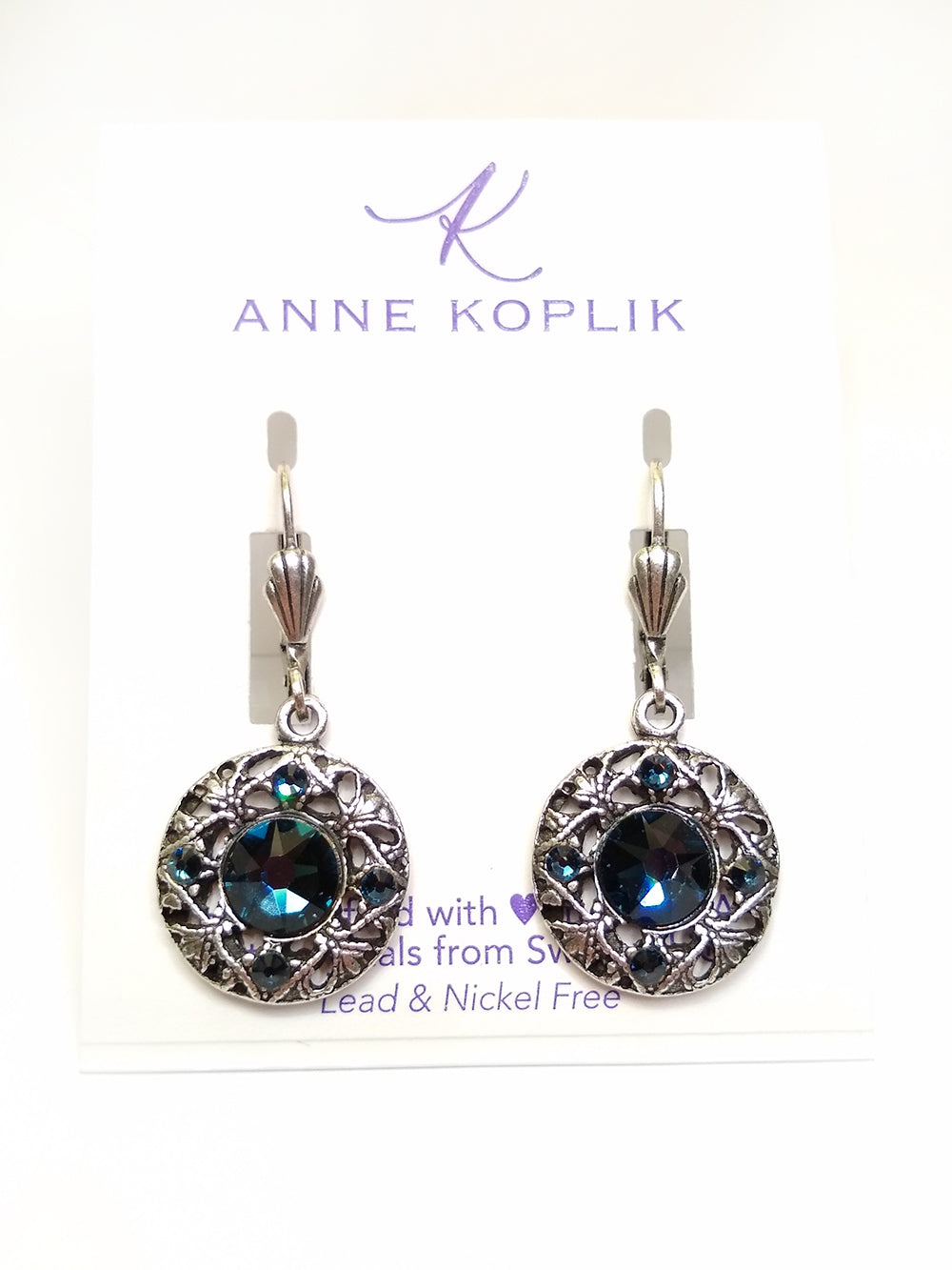 Square Circle Filigree Silver Earrings with Blue Crystal