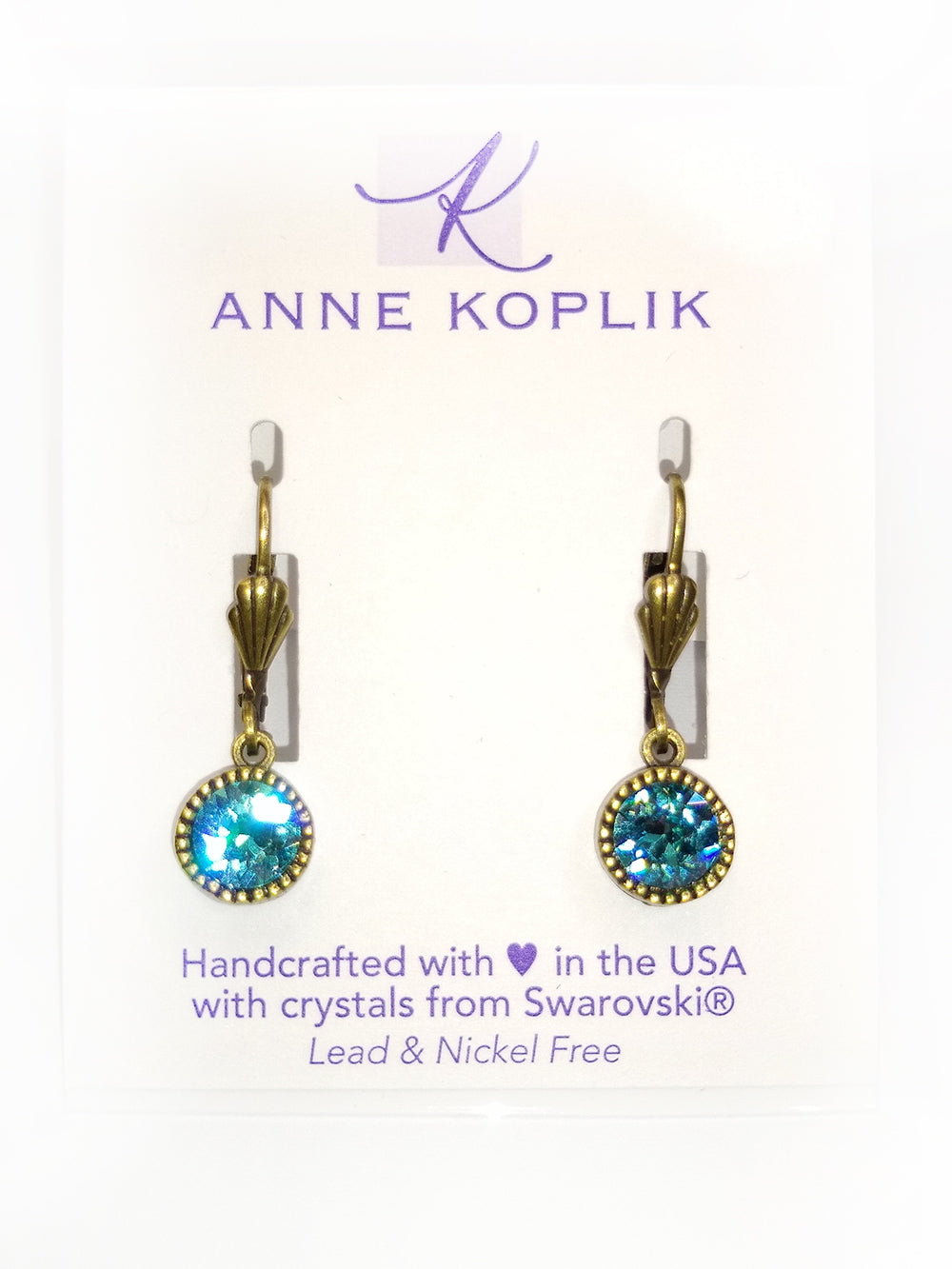 Brass Leverback Swarovski Crystal Drop Earrings - Aqua