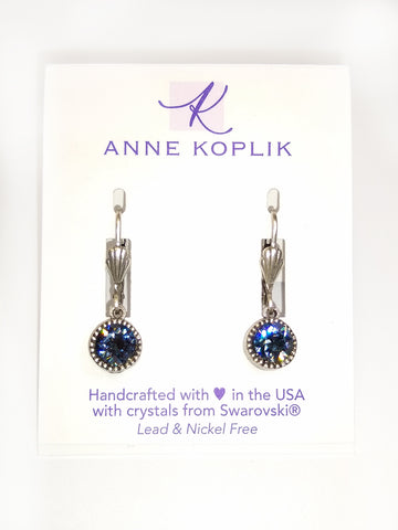 Silver Leverback Swarovski Crystal Drop Earrings - Denim Blue