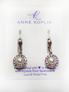 Silver Leverback Crystal Circle and White Pearl Earrings