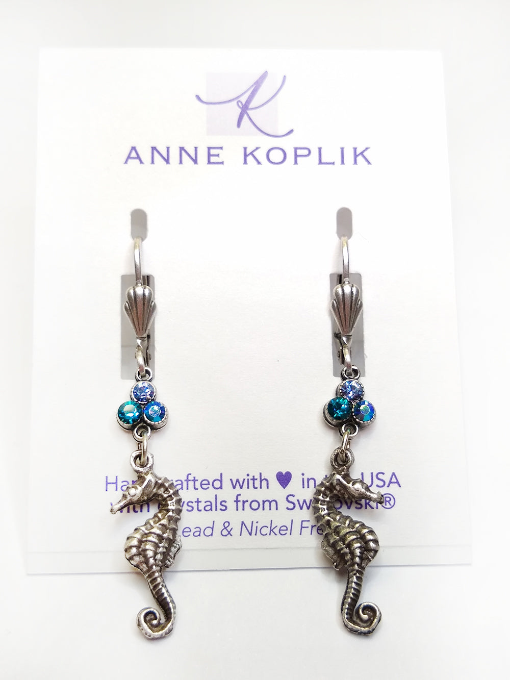 Silver Leverback and Blue Crystal Seahorse Earrings