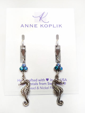 Silver Leverback and Blue Crystal Seahorse Earrings