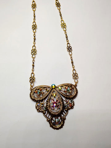 Brass Filigree Art Deco Open Work Necklace - Multi Colored Swarovski Crystal Stones