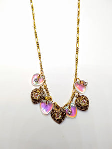 Brass Hearts and Pink Crystal Drop Necklace
