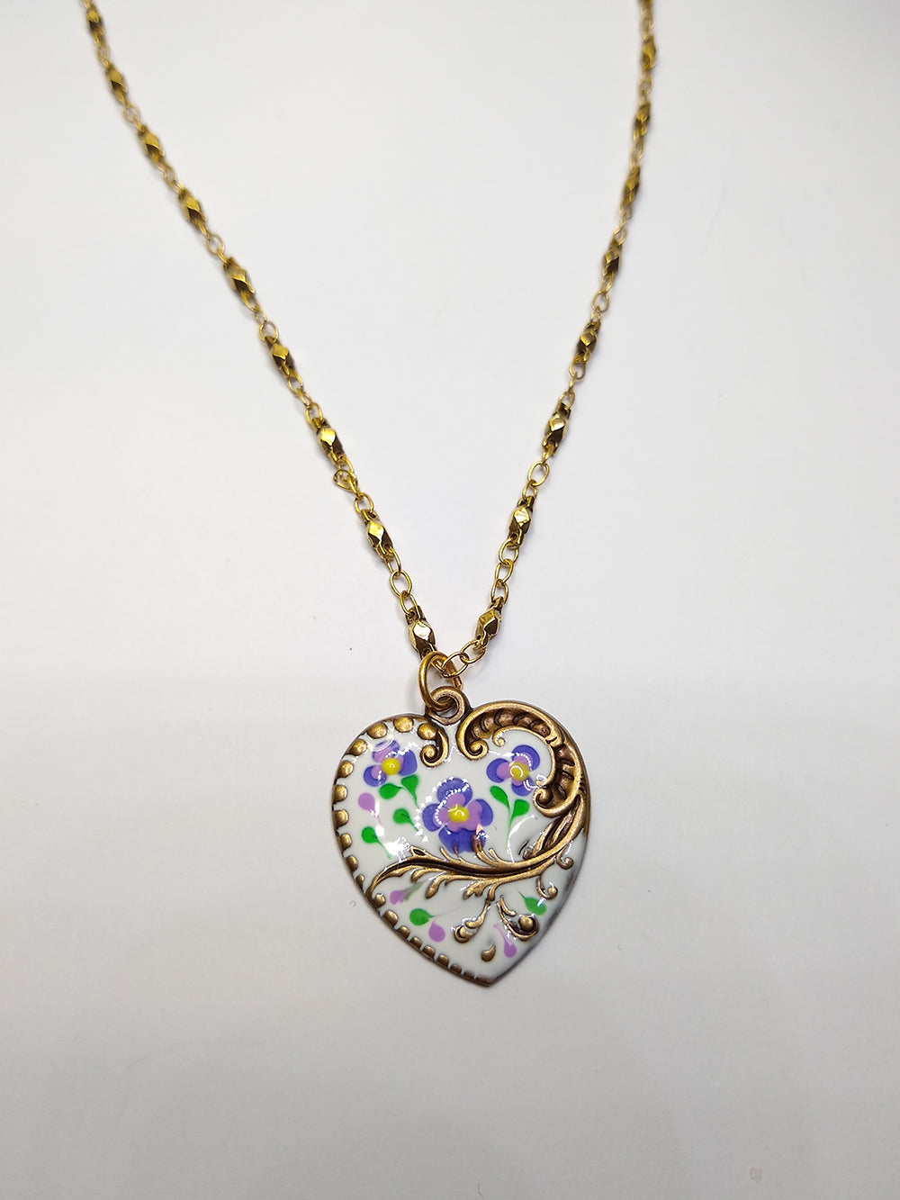 Brass and White Enamel Floral Heart Necklace
