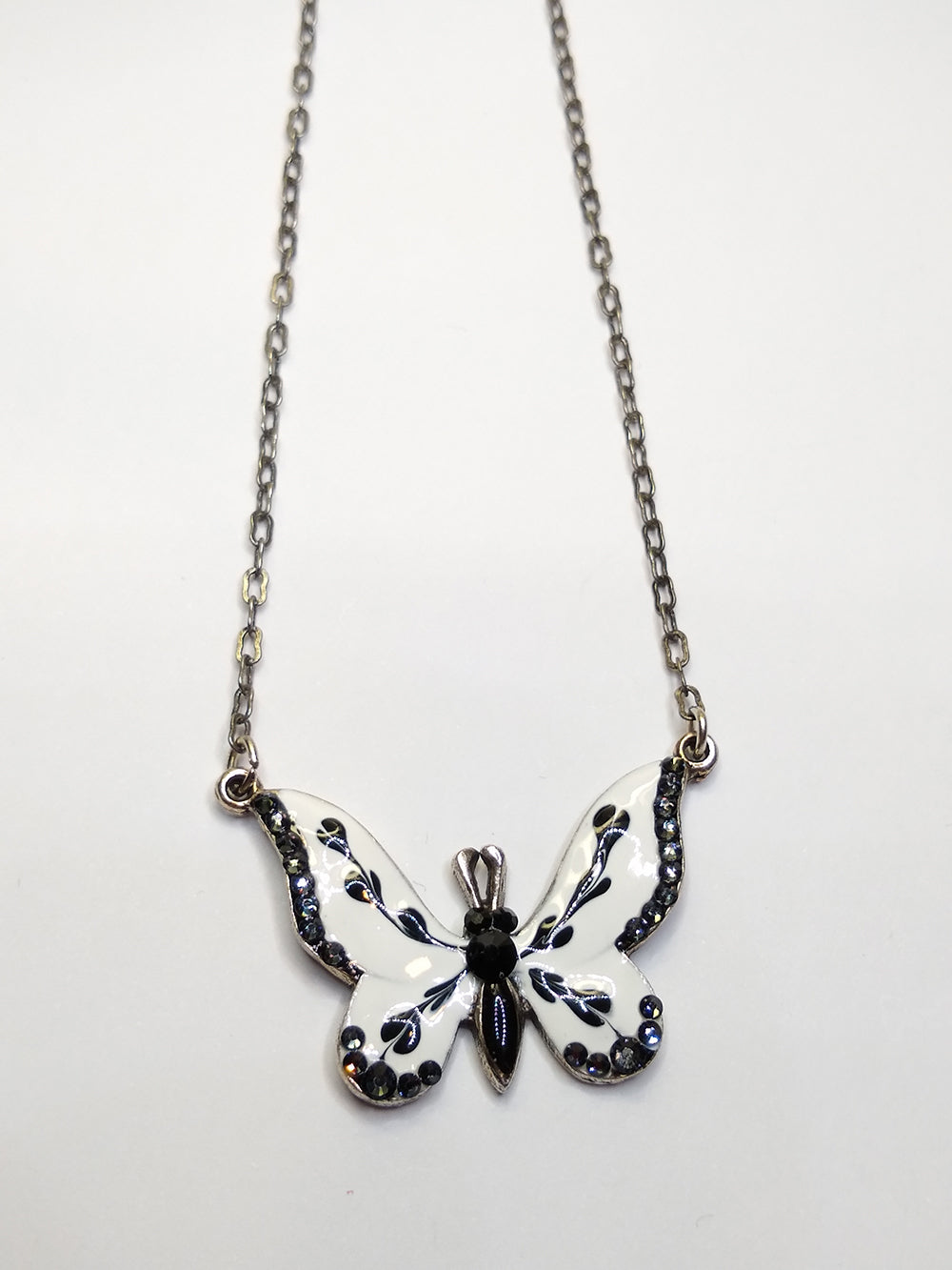 Silver Black and White Enamel Butterfly Necklace