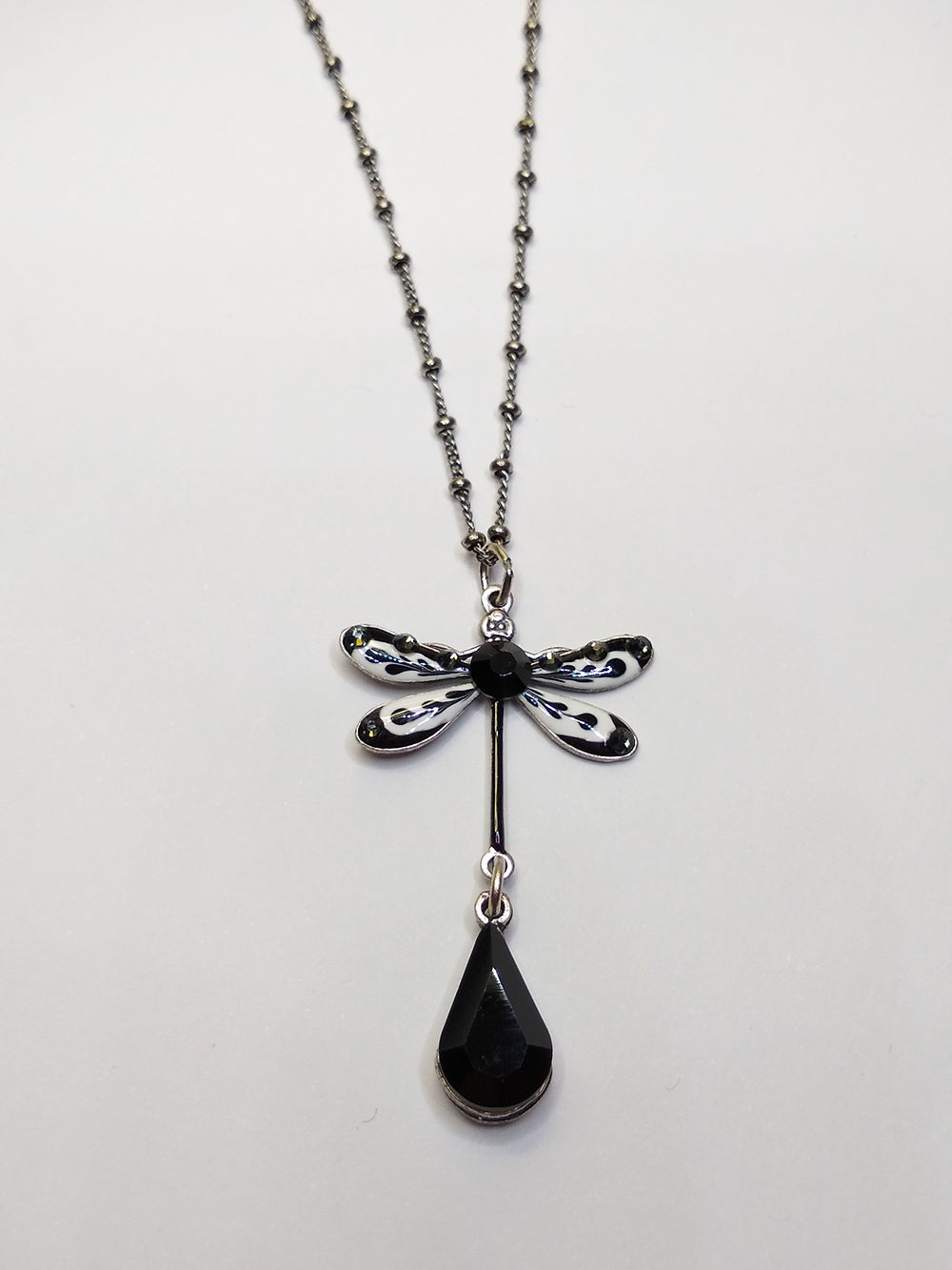 Silver Black and White Enamel Dragonfly Necklace