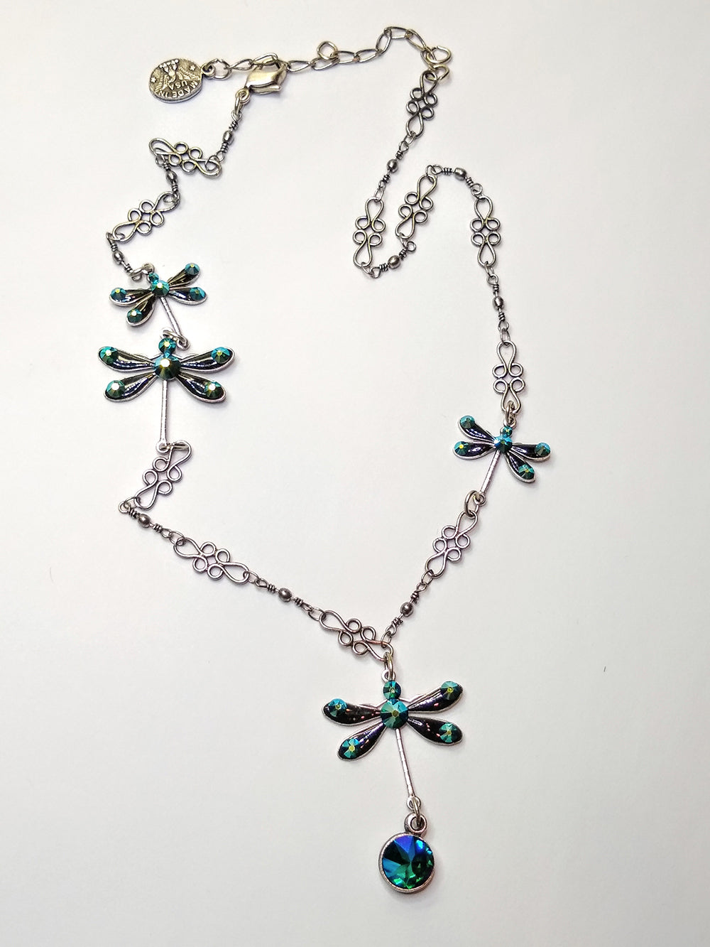 Blue Green Silver Dragonfly Necklace