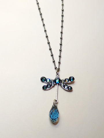 Silver and Blue Crystal Dragonfly Necklace with Swarovski Crystal Tear Drop