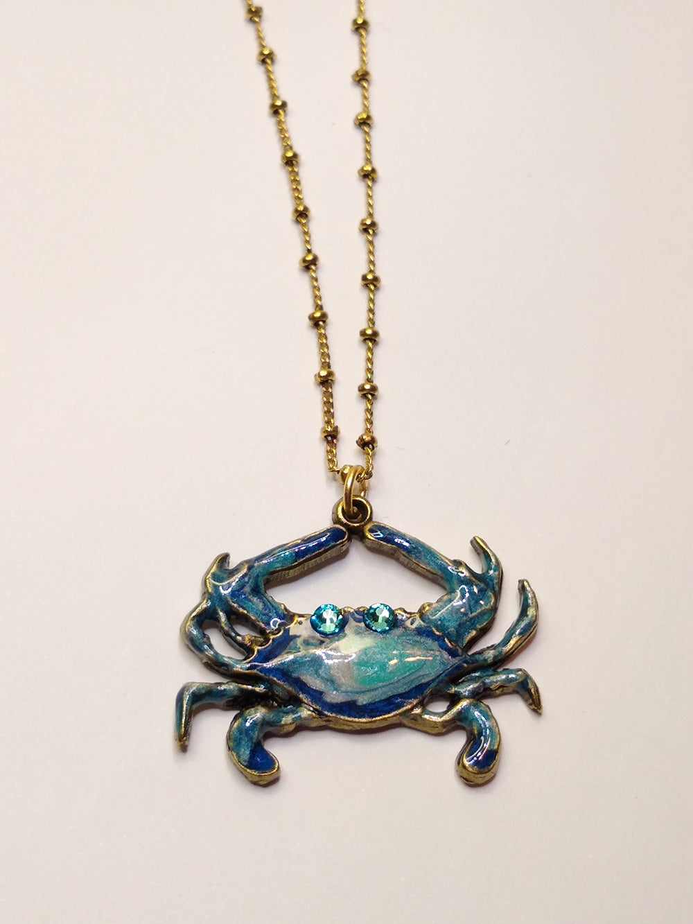 Brass and Blue Enamel Crab Necklace
