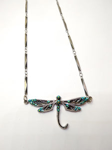 Silver and Blue Crystal Filigree Dragonfly Necklace