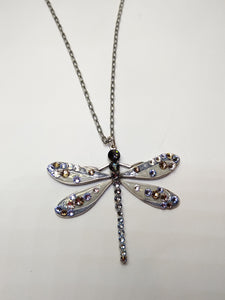 Silver and Gray Enamel Crystal Dragonfly Necklace