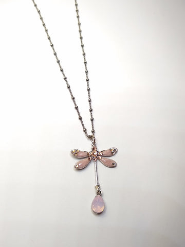 Silver and Pink Enamel Crystal Dragonfly Necklace Small