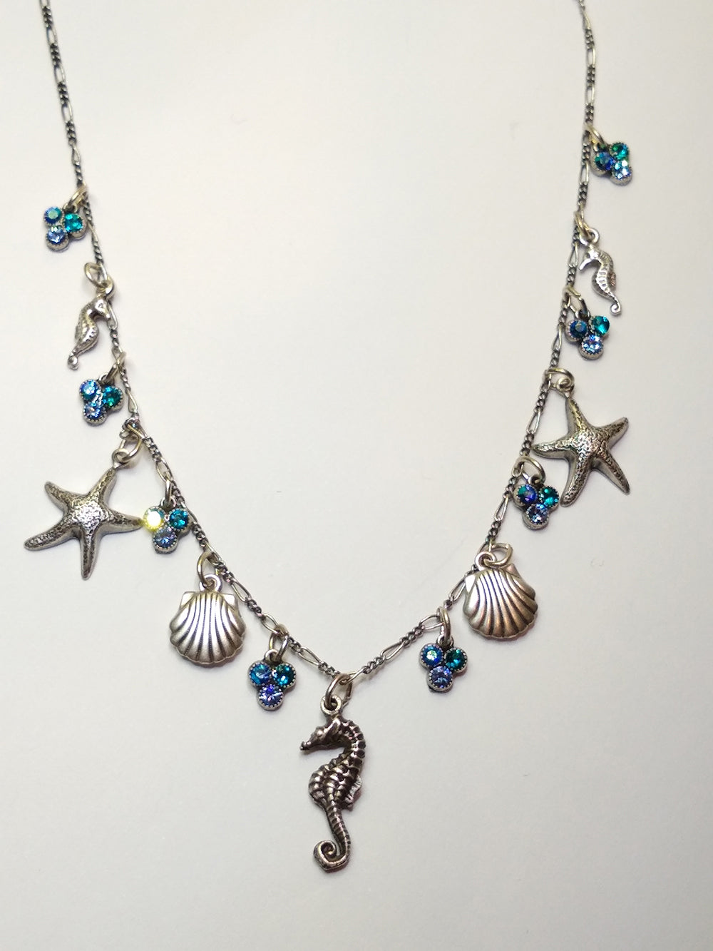 Silver Seahorse, Shells and Crystal Necklace