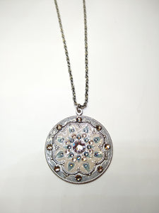 Large Enameled Silver Circle and Crystal Pendant Necklace