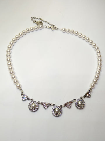 Pearl Necklace with Silver chain and Pearl and Crystal Circles